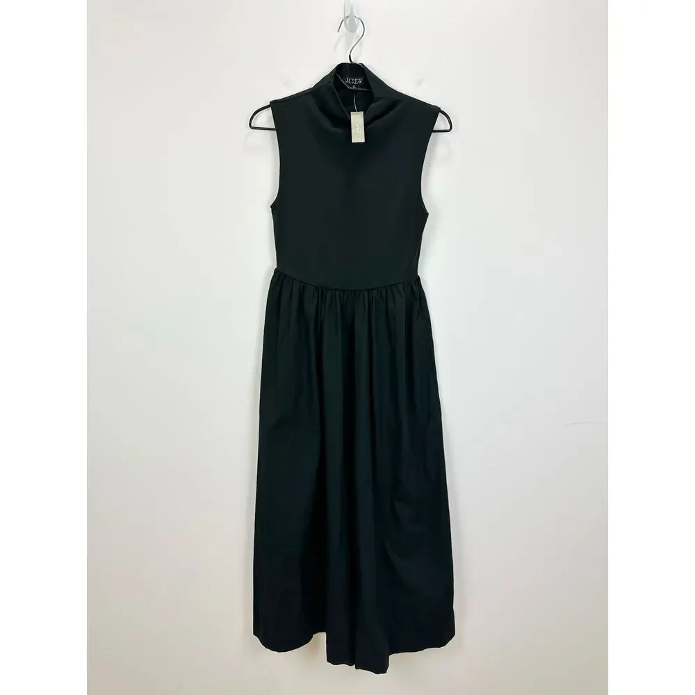 J.Crew Fitted Knit Mockneck Dress Poplin A Line Skirt Black Minimalist XXS NWT